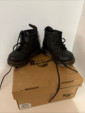 Dr. Martens Kids Black Leather Ankle Boots with Yellow Stitching
